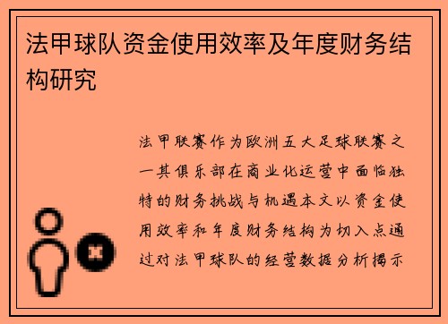 法甲球队资金使用效率及年度财务结构研究